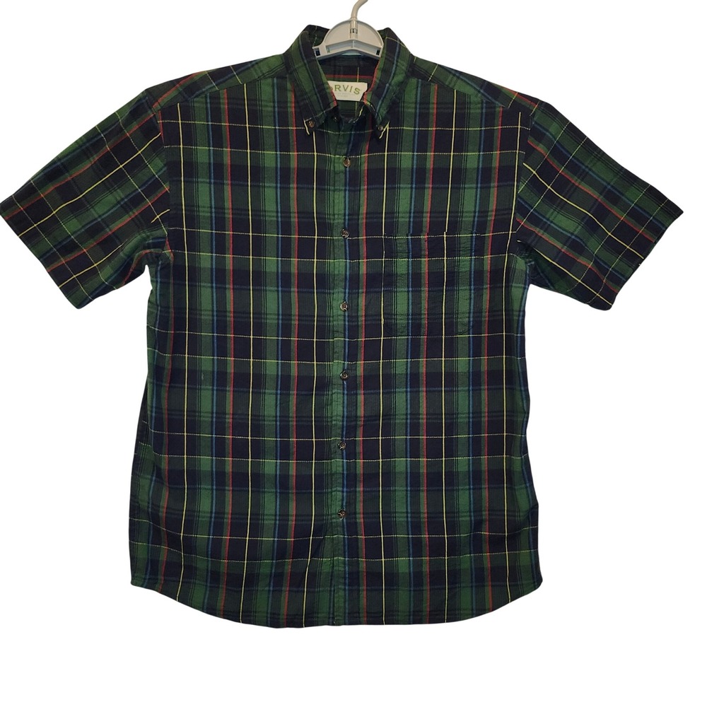 Orvis Mens Green Plaid Short Sleeve Button‎ Down Seer SuckerCotton Shirt M